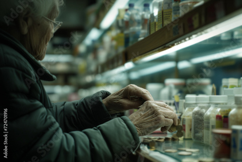 elderly woman counting out loose change to pay a small portion of her medical bill at a pharmacy counter. medical expenses concept. 