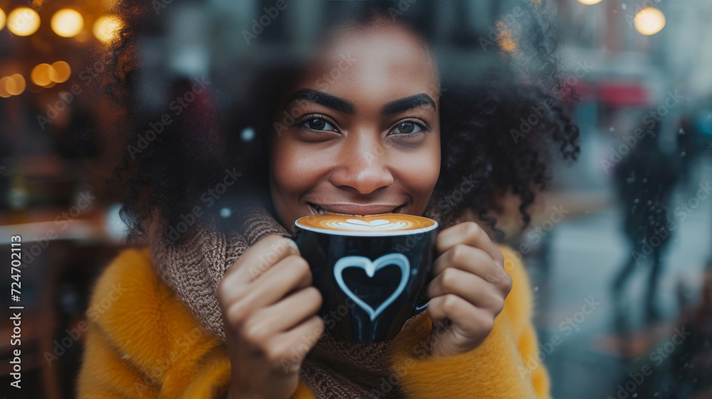 Empowered and Beautiful: Afro-Curled Lady in Modern Cafe Empowered and Beautiful: Afro-Curled Lady in Modern Cafe