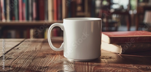 White mug on a table with earth-toned books, dynamic angle.