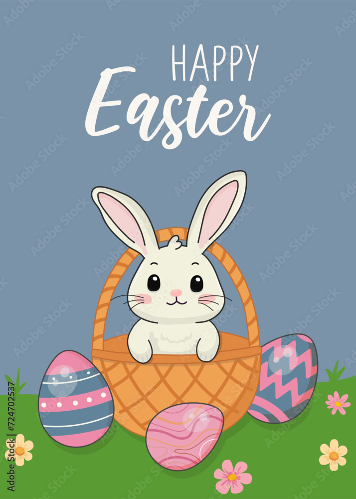 Greeting card with Cute rabbit in a basket with eggs on green garden. Congratulations and gifts for Easter Greeting card with Cute rabbit in a basket with eggs on green garden. Congratulations and gifts for Easter