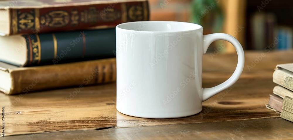 Empty white mug on a table with earth-toned books, close-up angle.