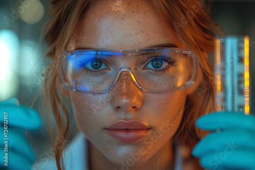 portrait of a scientist woman with protective glasses holding tube