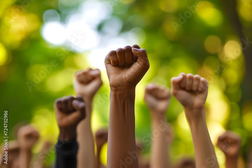 Image of raised fists in Juneteenth and African Liberation Day celebration, depicting empowerment, unity, and social justice activism.