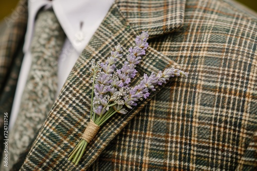 macro shot of a lavender boutonniere on a tweed jacket, outdoors