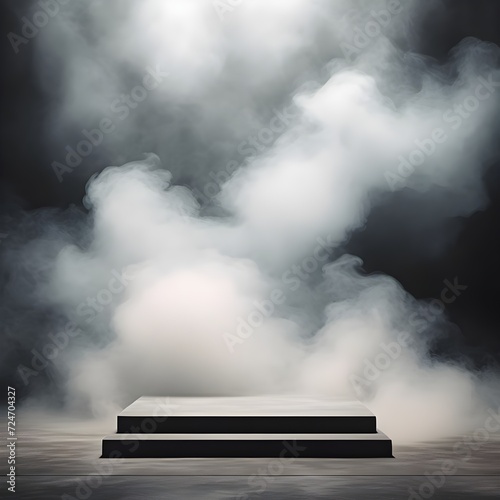 Podium black dark smoke background product platform abstract stage texture fog spotlight, Ai Generated