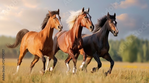 Three Horses Galloping in Golden Field