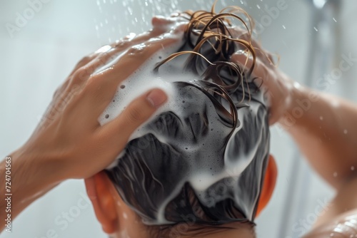 man washing hair with thickening shampoo