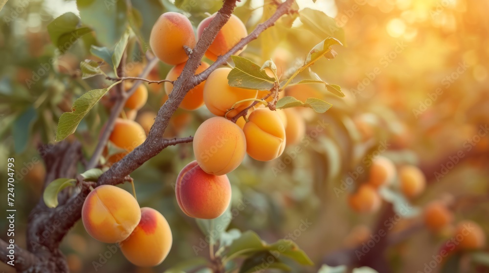 Harvest of ripe apricots on a branch in the garden, agribusiness business concept, organic healthy food and non-GMO fruits