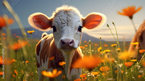 beautiful baby cow in the field