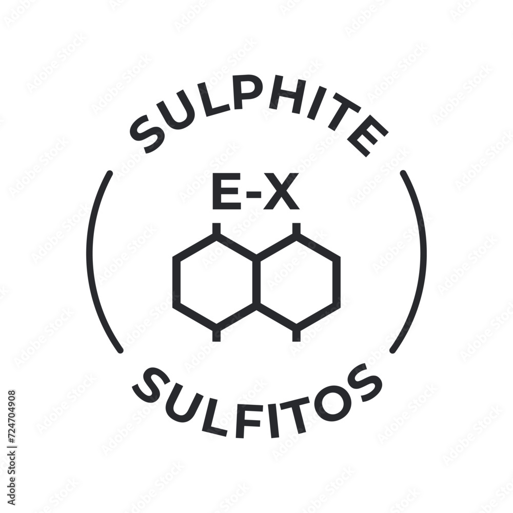 Simple Isolated Vector Logo Badge Ingredient Warning Label. Colorful Allergens icons. Food Intolerance Sulphite. Written in Spanish and English
