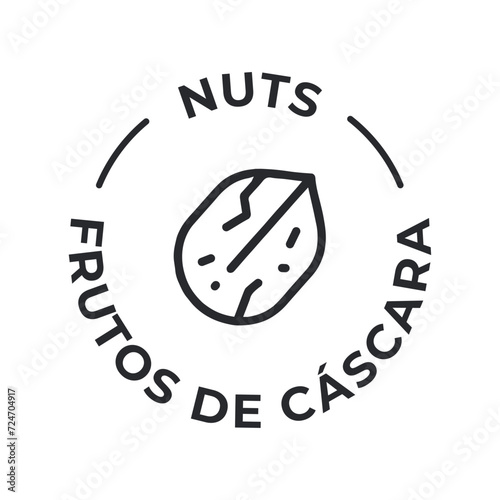 Simple. Isolated Vector Logo Badge Ingredient Warning Label. Allergens icons. Food Intolerance Nuts. Written in Spanish and English