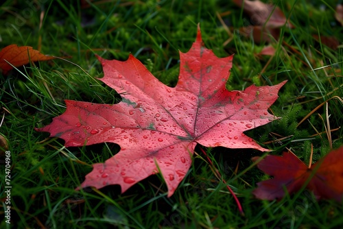 Raindrops on Red Maple Leaves in Autumn