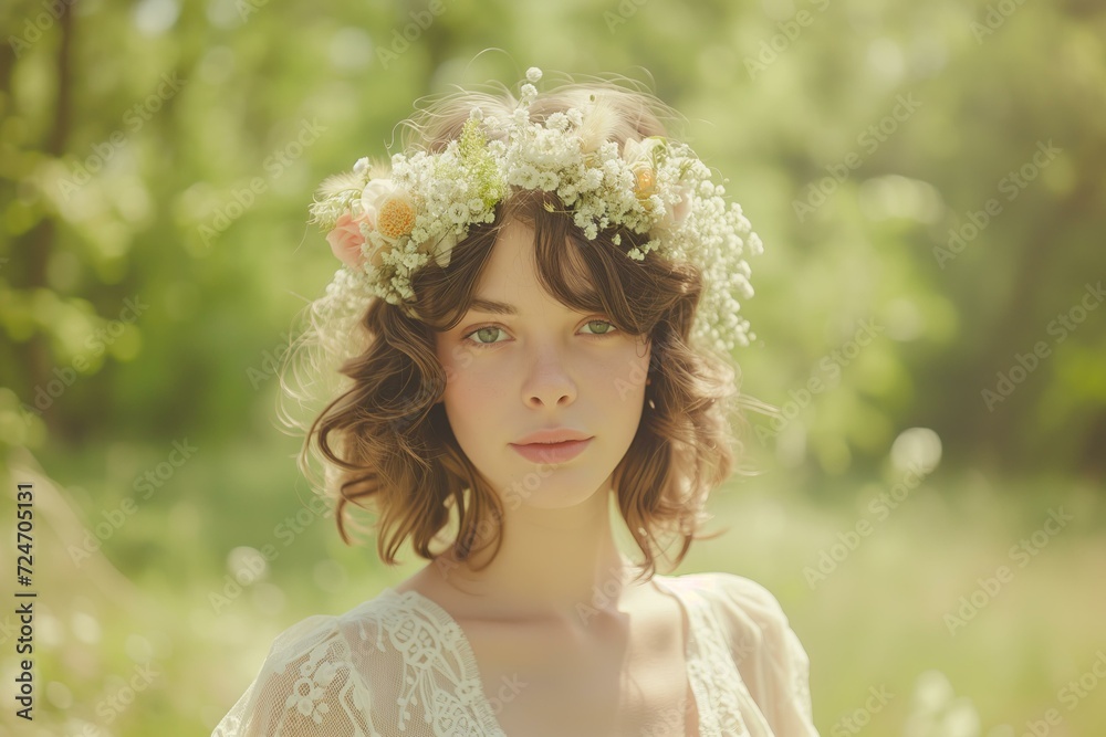 a young bride with a flower crown and 70s style wedding dress a young bride with a flower crown and 70s style wedding dress
