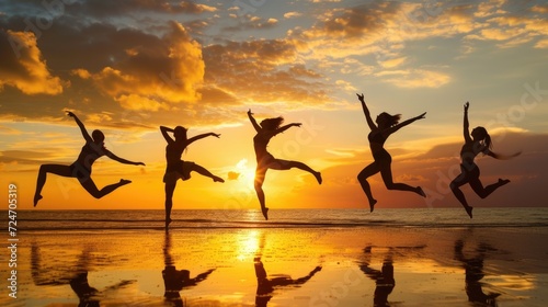 Friends Jumping with Joy on Sunset Beach