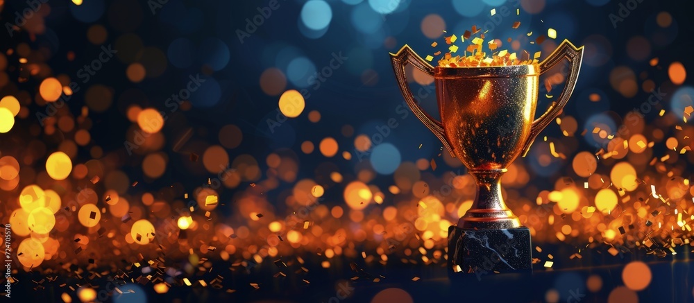 Golden winning Trophy with abstract shiny lights on a dark blur background. Generated AI image