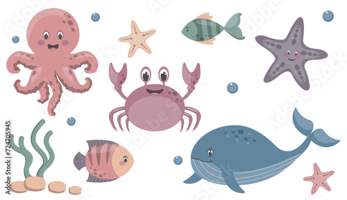 Vector set of illustrations of sea inhabitants. Octopus, fish, algae, whale, starfish, crab. Summer set of pictures. Cartoon cute sea heroes.
