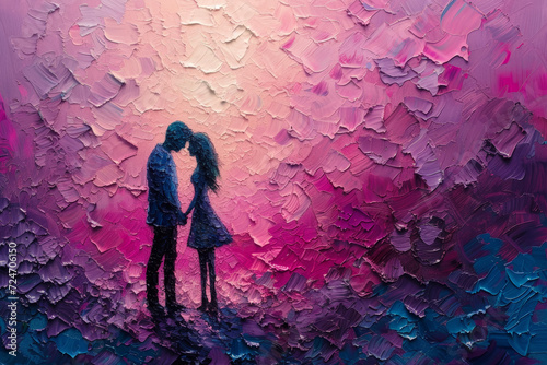 Silhouetted couple in embrace against a vibrant textured backdrop, evoking the passion and tenderness of love. photo