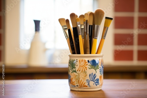 calligraphy brushes stored upright in a ceramic holder