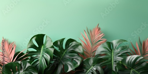 Tropical leaves pattern foliage  monstera leaves frame layout  background for summer banner 