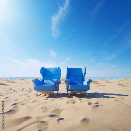 two blue airplane seats side by side at a very sunny brazilisn beach © Kholoud