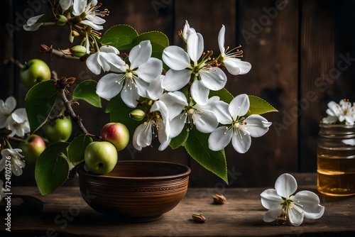 Write a reflective essay on the symbolism of apple blossoms against a wooden background  exploring themes of growth and renewal