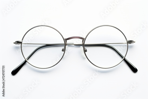 Pair of glasses with metal frame on white background.