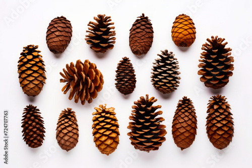 Group of pine cones sitting on top of white surface. photo