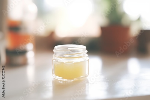 a small glass jar filled with homemade lip balm