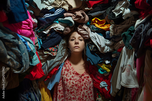 A young girl is overwhelmed with a pile of clothes. Overconsumption problem concept photo