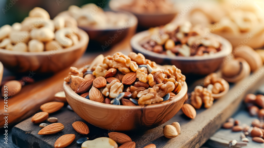 Assorted nuts in wooden bowls, featuring almonds, walnuts, and cashews, perfect for a healthy snack or ingredient in gourmet recipes. Assorted nuts in wooden bowls, featuring almonds, walnuts, and cashews, perfect for a healthy snack or ingredient in gourmet recipes.