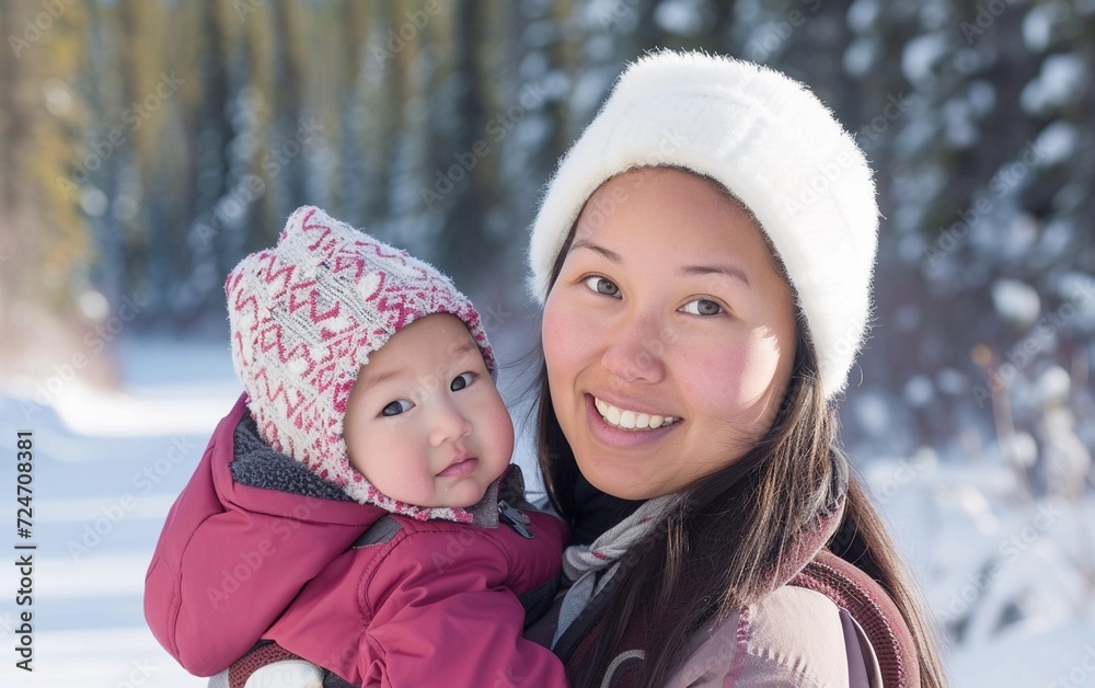 Woman Holding Baby in the Snow