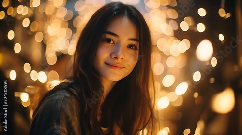 Beautiful asian woman portrait with bokeh light background.