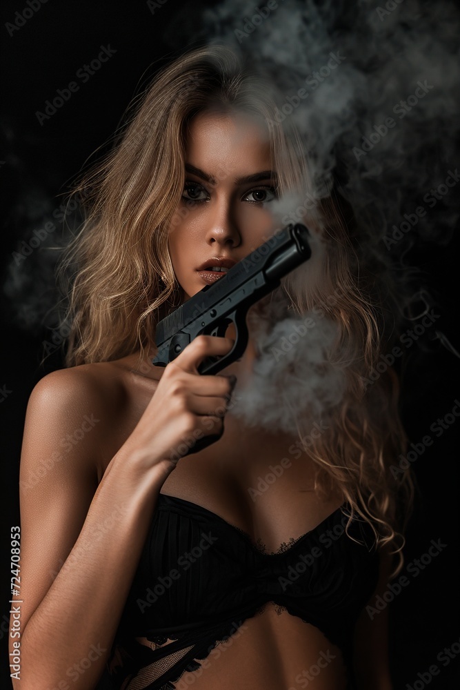 sexy and attractive woman holding a gun in her hands