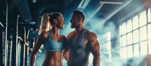 Portrait Happy couple doing gym in a sports training center. Generated AI image photo