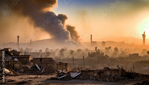 Destroyed city in an active warzone