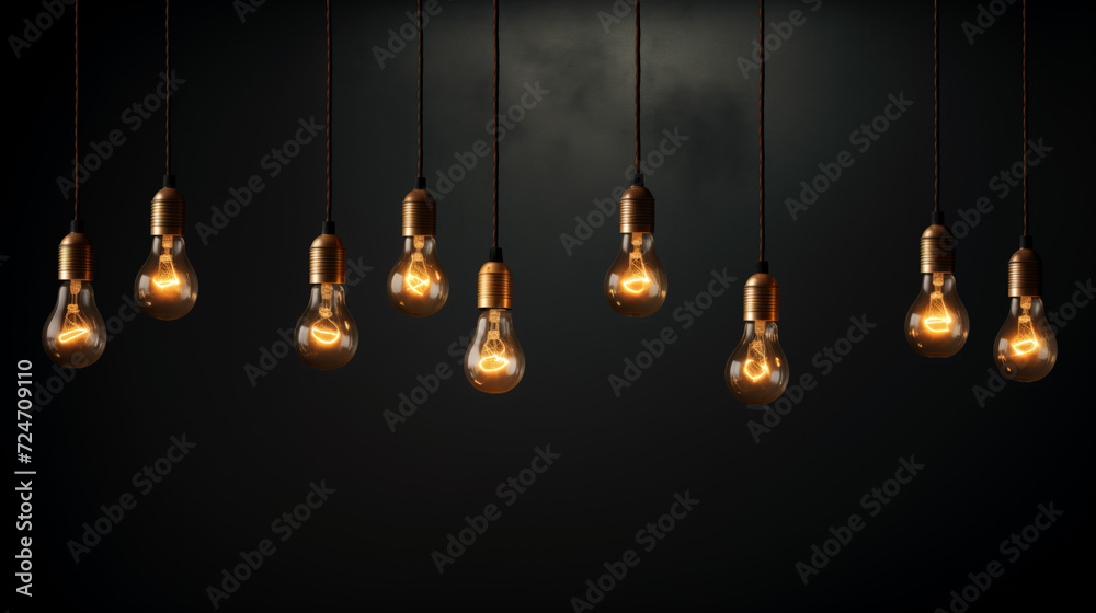 Hanging light bulbs on dark background. Vintage light bulbs hanging on rope - obrazy, fototapety, plakaty 