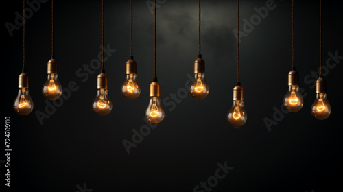 Hanging light bulbs on dark background. Vintage light bulbs hanging on rope photo