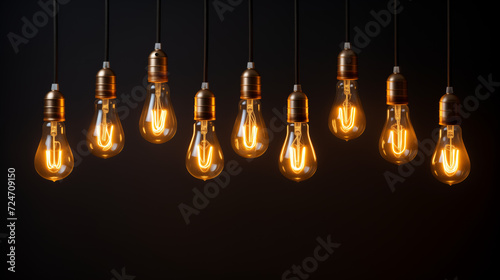 Hanging light bulbs on dark background. Vintage light bulbs hanging on rope