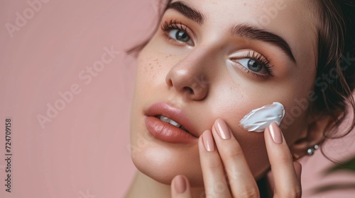 Facial care. Lotion application. Beautiful close-up portrait of young lady with a radiant complexion using a beauty product.
