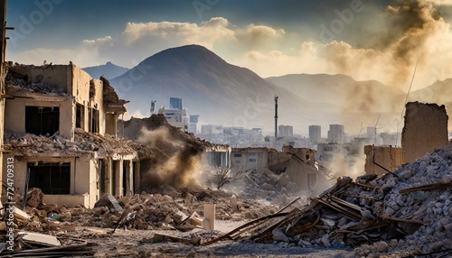 Destroyed city in an active warzone