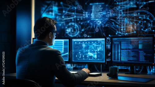 Man working at computer at night. Businessman seating at monitor