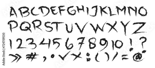 Handwritten alphabet grunge brush effect, chalk. Rough style fun design elements