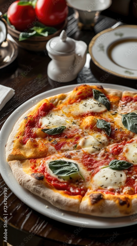 Fresh Margherita Pizza on Dark Wooden Table. A freshly baked Margherita pizza with vibrant basil leaves on a rustic dark wooden background. Fresh Margherita Pizza on Dark Wooden Table. A freshly baked Margherita pizza with vibrant basil leaves on a rustic dark wooden background.