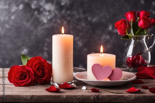 table setting for dating. saint valentine's day love concept with hearts and candles