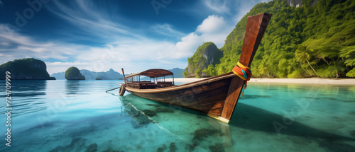Wooden boat in sea water at exotic resort. Wooden boat at crystal clear water