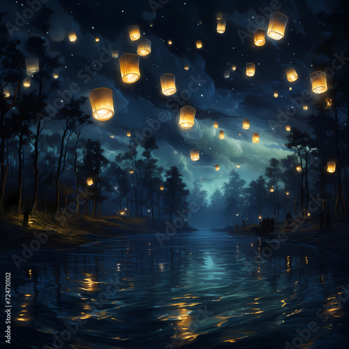 Floating lanterns in a starry night sky. 