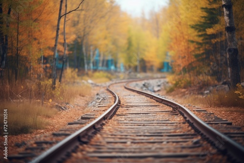 empty railroad track winding through a forest