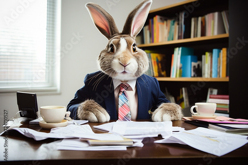 illustration of a rabbit in business suit in the office. Created with Generative AI