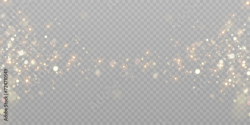 Abstract magical light dust effect with golden bokeh highlights on a transparent background. Christmas lights. Glowing flying dust. Vector illustration