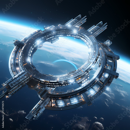 Futuristic space station in orbit.